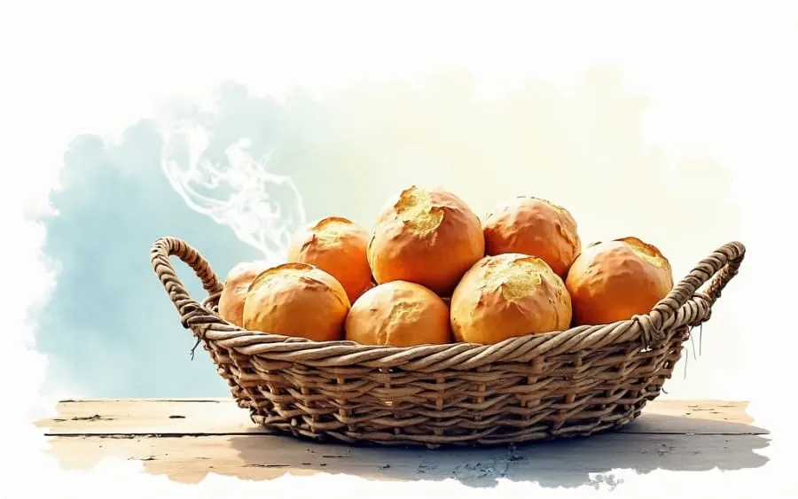 Kosz świeżych bułek na drewnianym stole w porannym świetle