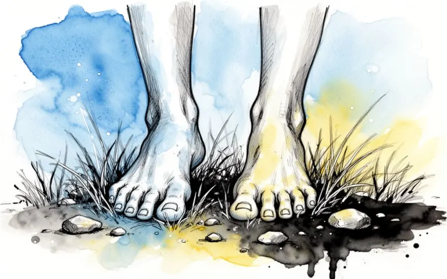 Bose stopy stąpające po trawie sennik