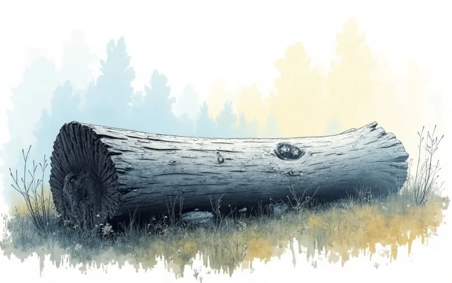 Drewniany kloc na łące w stylu akwareli