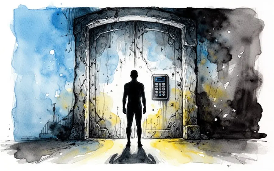 Sylwetka człowieka przed drzwiami z klawiaturą kodową