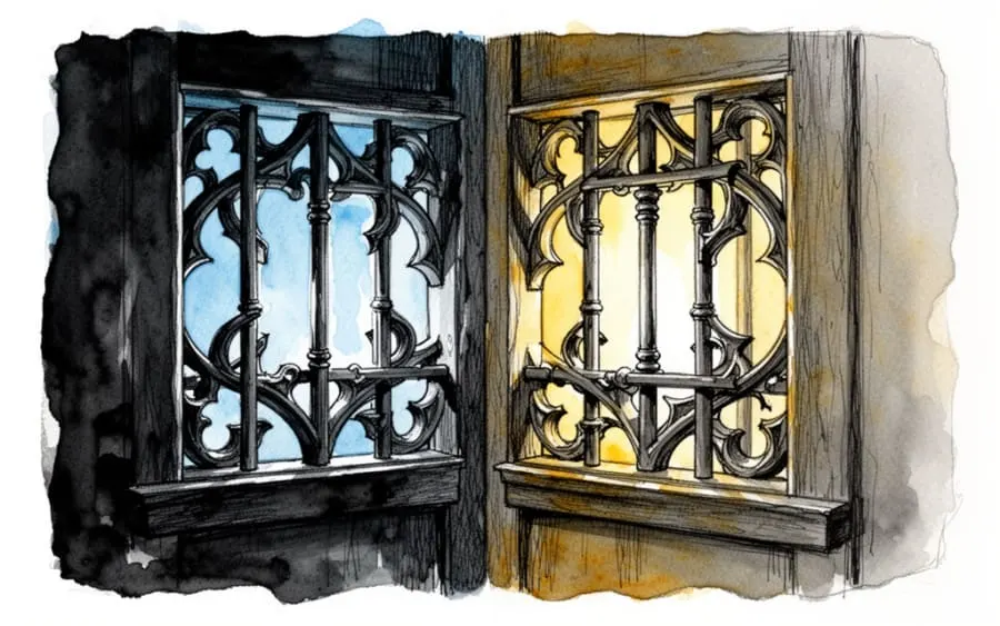 Drewniana krata konfesjonału gra światła i cienia