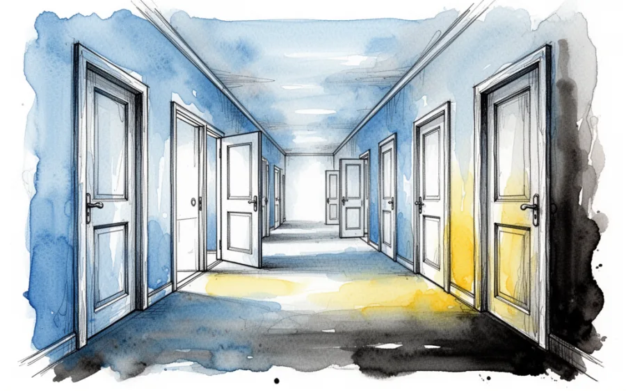 Korytarz z wieloma drzwiami sennik