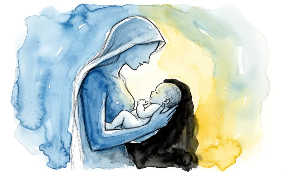 symbol matki z dzieckiem malowany akwarelą