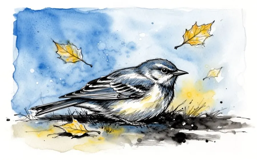 martwy ptak na ziemi wśród liści rysunek