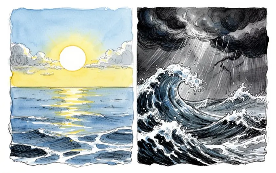 Spokojny ocean kontra wzburzony ocean we śnie
