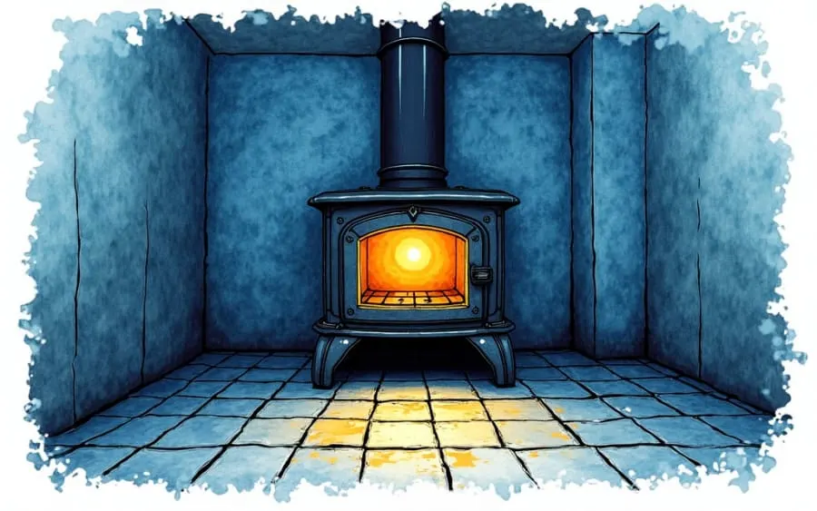 Stary piec kaflowy emanujący ciepłem w przytulnym pokoju rysunek