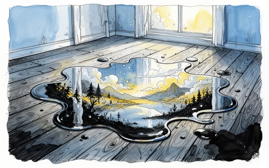 Rozlana ciecz na podłodze tworząca lustrzane odbicie