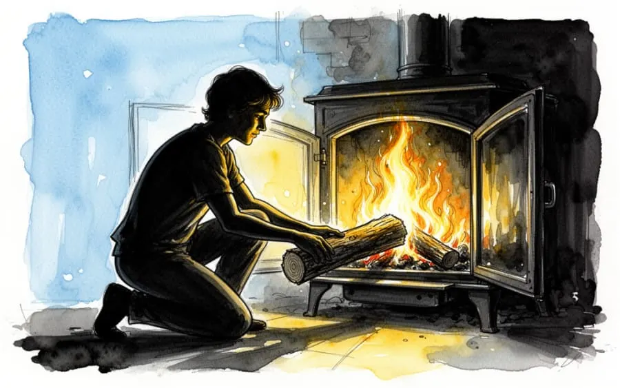 Osoba dokładająca drewno do ognia w piecu symbolika