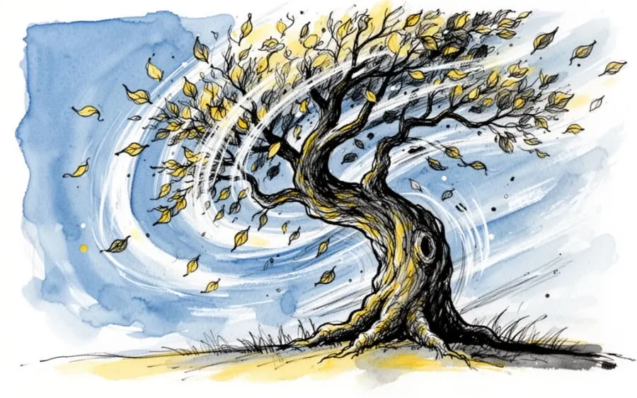 drzewo uginające się pod silnym wiatrem sennik