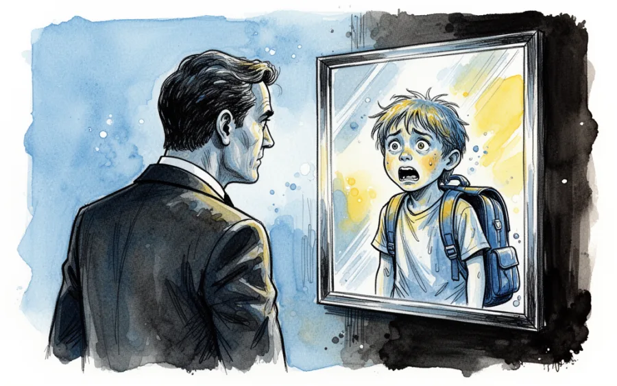 Dorosły mężczyzna widzi w lustrze ucznia sennik psychologia