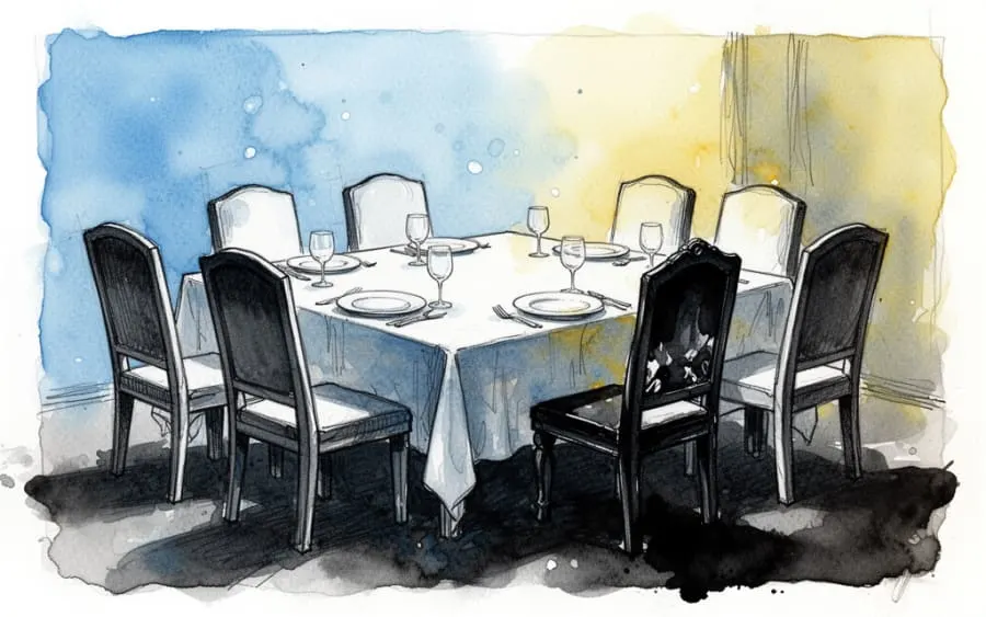 stół obiadowy z pustymi krzesłami symbol snu