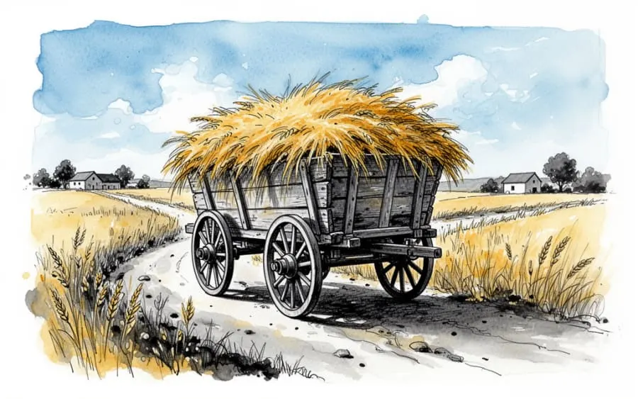 Drewniany wóz z sianem na wiejskiej drodze