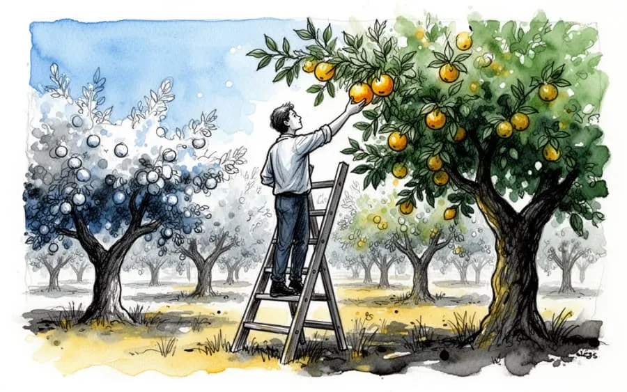 Sennik zbieranie jabłek w sadzie drabina