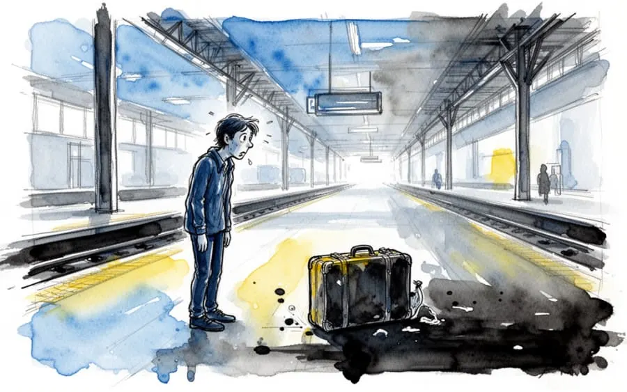 zagubiona walizka na pustym dworcu