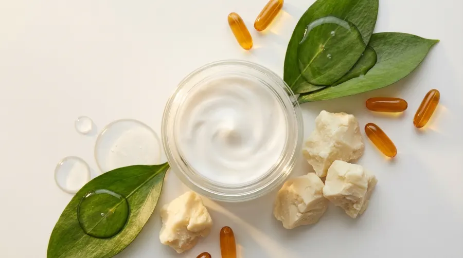 Naturalne składniki nawilżające i masło shea wokół słoiczka kremu