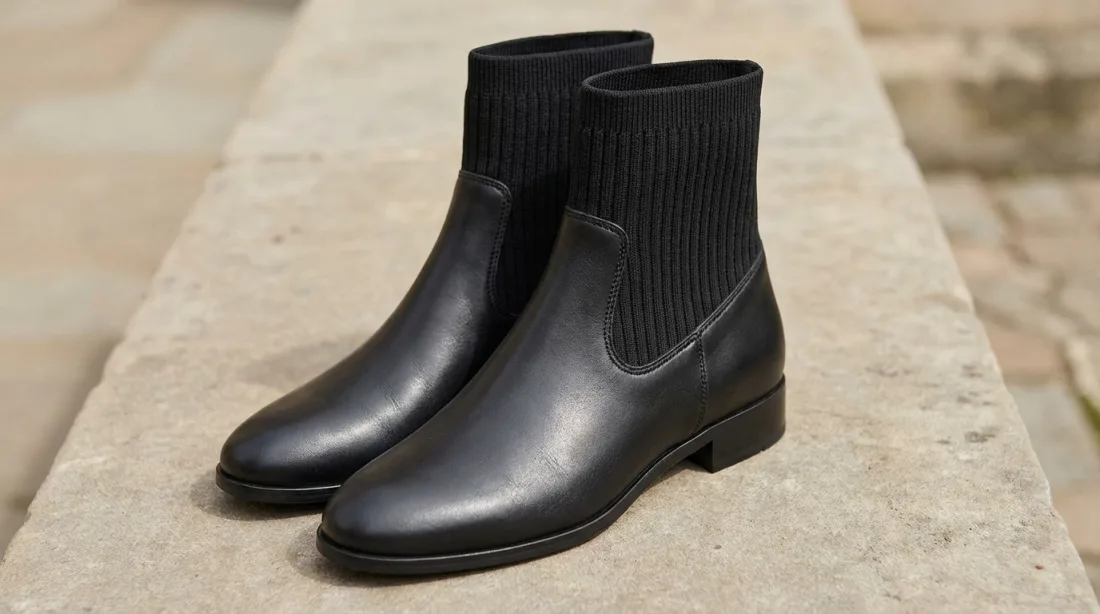 Czarne skórzane botki z elastyczną cholewką na kamiennym tle