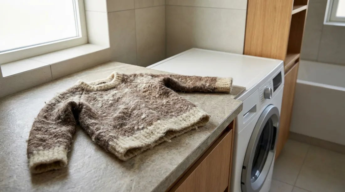 Mocno skurczony wełniany sweter leżący obok pralki