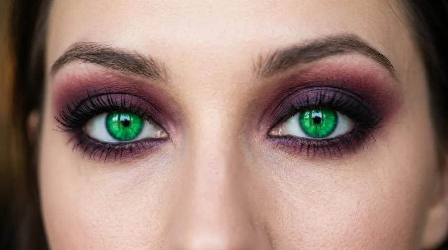 Fioletowy makijaż smoky eyes dopasowany do zielonej tęczówki
