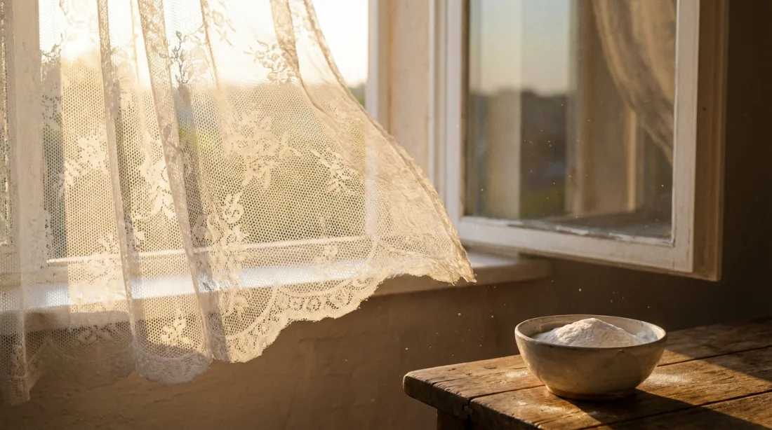 Śnieżnobiała firanka obok miseczki z sodą oczyszczoną