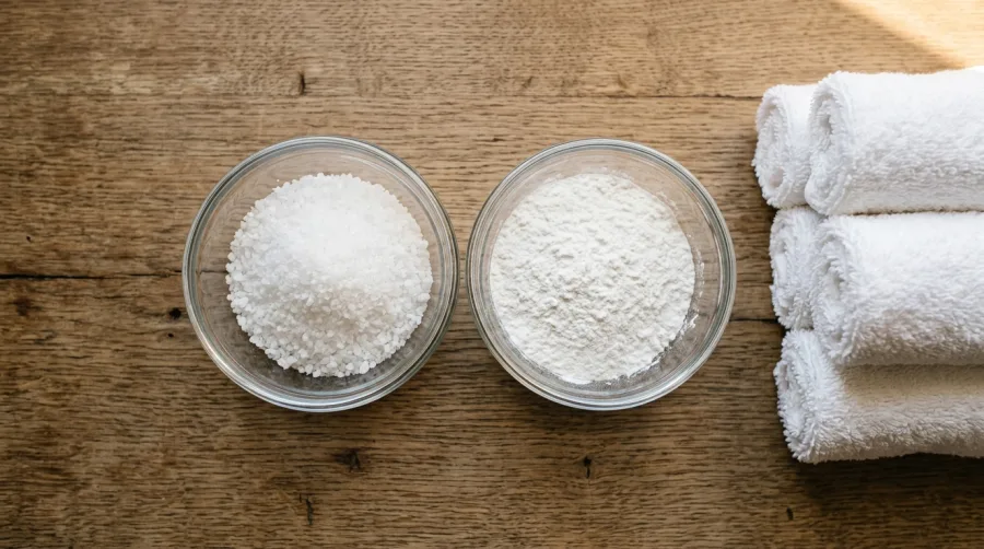 Dwie miseczki z białą sodą obok czystych ręczników