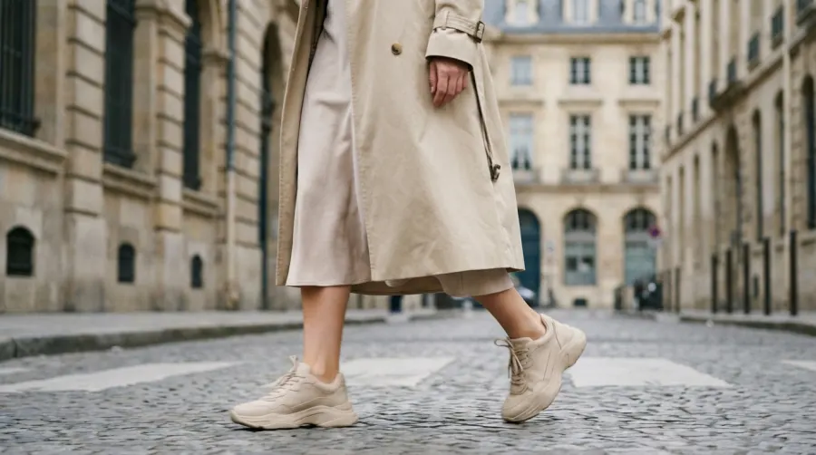 Sportowe sneakersy połączone z eleganckim płaszczem i sukienką