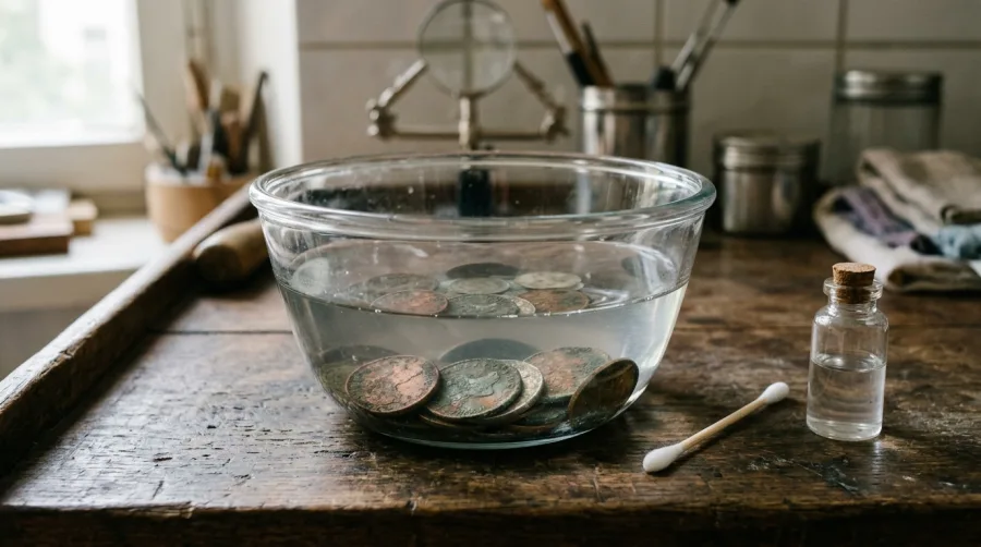 Namaczanie zabytkowych monet w szklanym naczyniu z wodą destylowaną