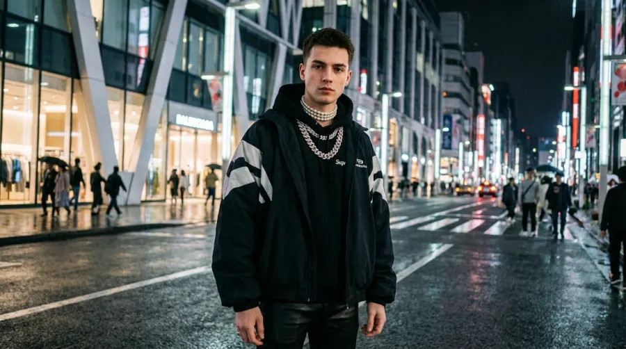 Mężczyzna w luksusowym streetwearze noszący perłowy choker