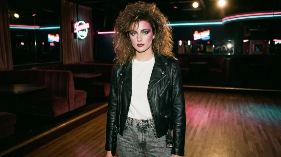 Kobieta w skórzanej ramonesce na imprezie tematycznej retro