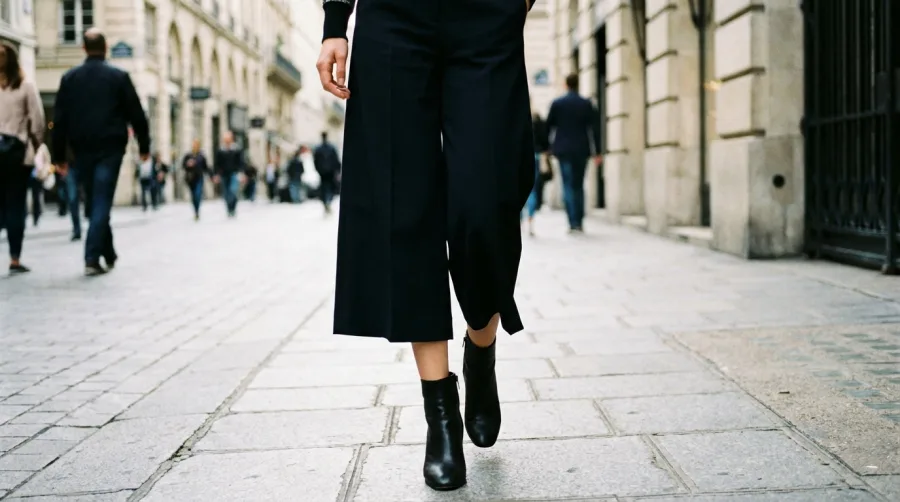 Szerokie spodnie i skórzane botki z przylegającą cholewką