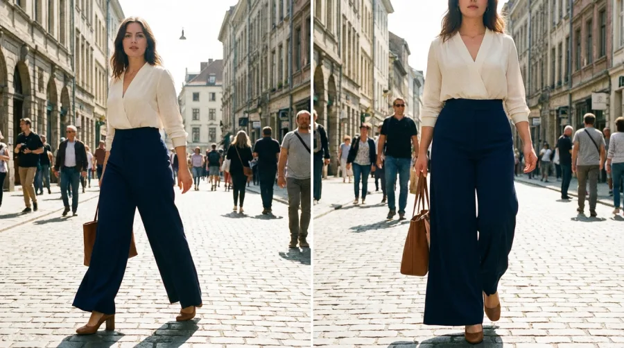 Kobieta w szerokich spodniach wysmuklających masywne uda