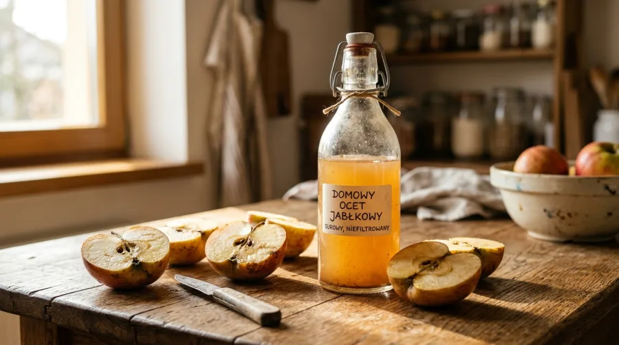 Butelka naturalnego octu jabłkowego obok przejrzałych owoców