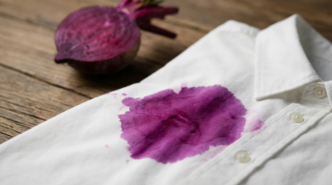 Biała bawełniana koszula z purpurową plamą soku z buraka