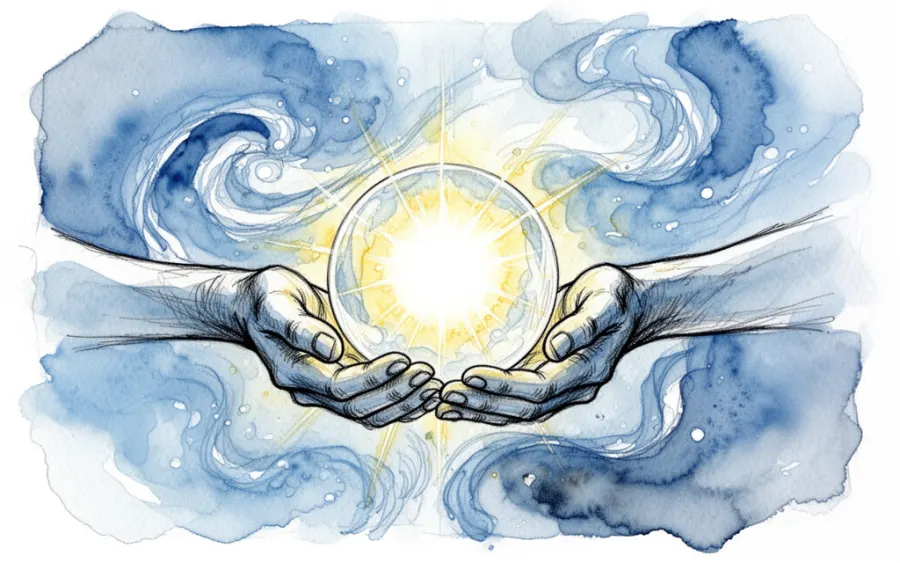 Dłonie trzymające kulę światła symbolizujące energię psychiczną