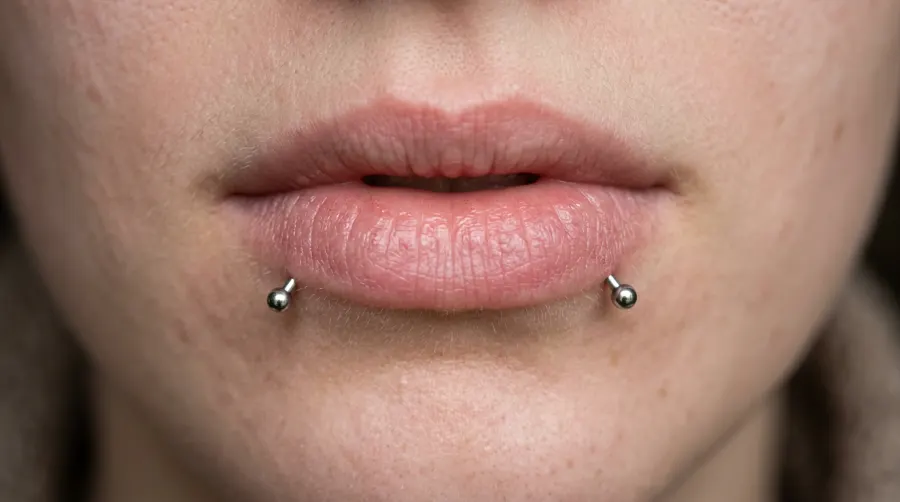 Symetryczne przekłucie typu snake bites na dolnej wardze