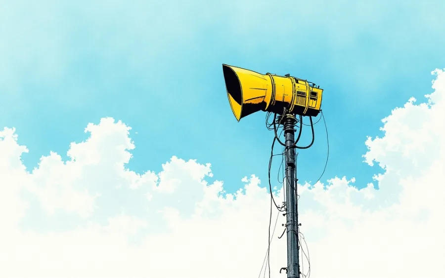 Mechaniczna syrena alarmowa na tle dynamicznego nieba w stylu akwareli