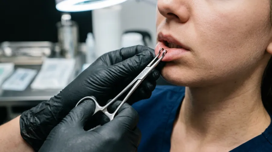 Profesjonalne szczypce stabilizujące wargę przed zabiegiem piercingu