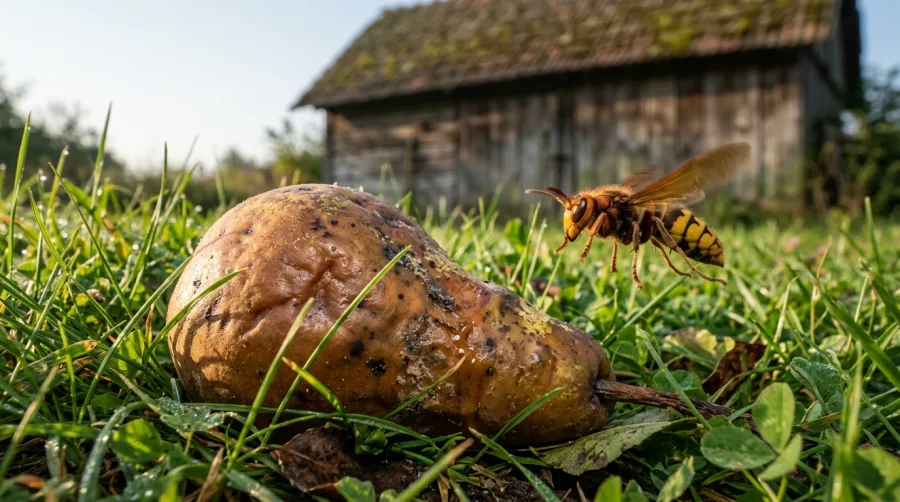 Szerszeń europejski zwabiony do przejrzałej gruszki w ogrodzie