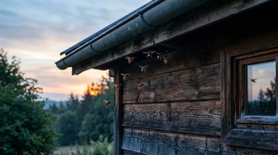 Szerszenie wylatujące spod rynny o wschodzie słońca