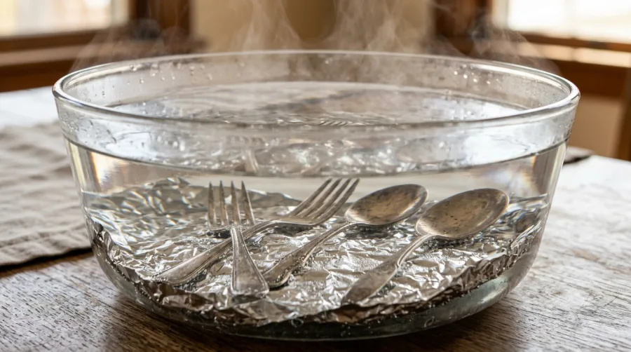 Szklane naczynie z gorącą wodą i folią aluminiową