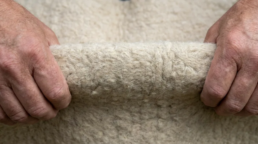 Dłonie sprawdzające elastyczność sfilcowanej wełny