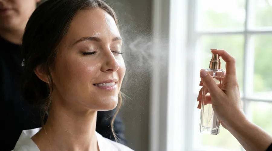 Utrwalanie lekkiego makijażu panny młodej mgiełką