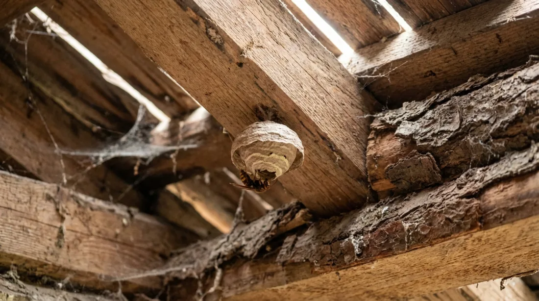 Młode gniazdo szerszeni na drewnianej belce poddasza