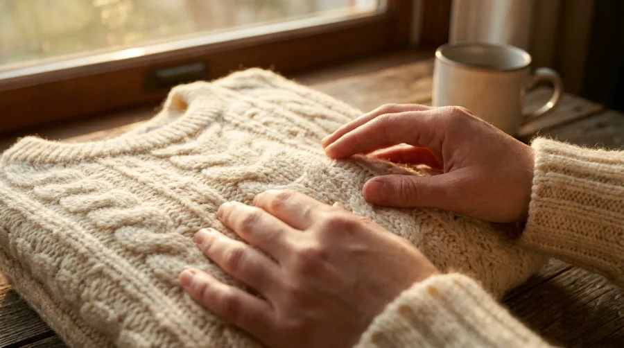 Detal splotu miękkiego swetra z wełny merynosowej