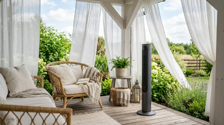 Nowoczesny wentylator kolumnowy na zadaszonym tarasie wypoczynkowym