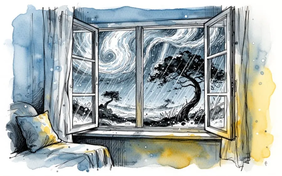 Widok przez okno na wichurę sennik