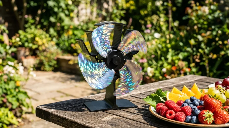 Odstraszający muchy wiatraczek z odblaskami na stole ogrodowym