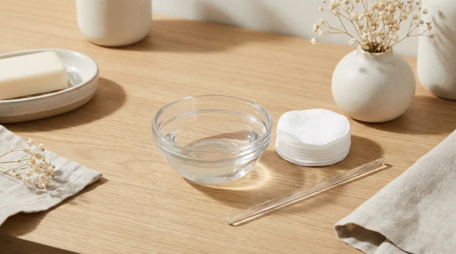 Szklana miseczka z roztworem i czyste waciki kosmetyczne