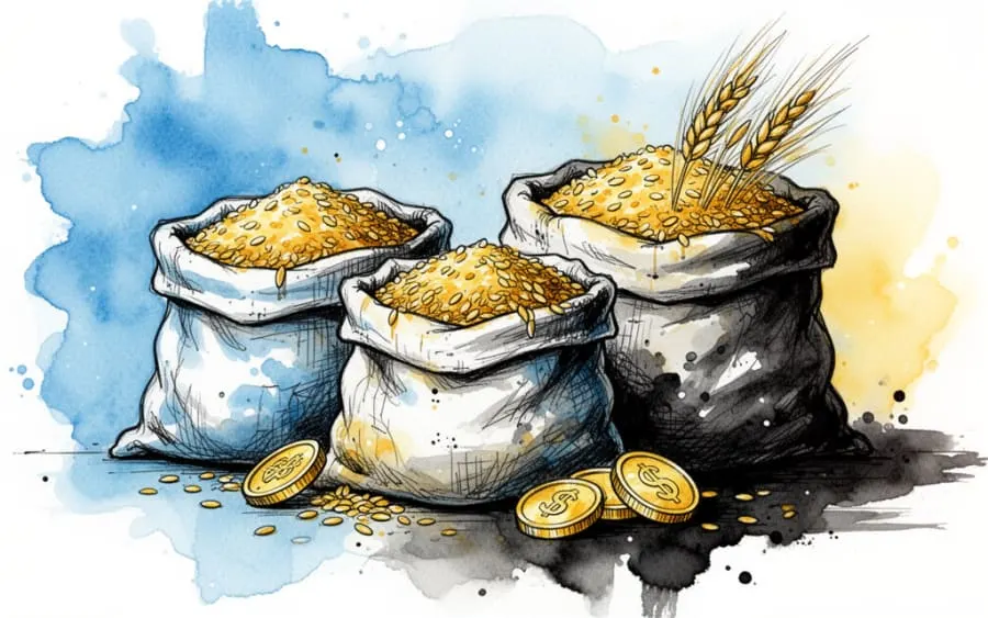 Worki ze zbożem i monety oznaczające sukces finansowy