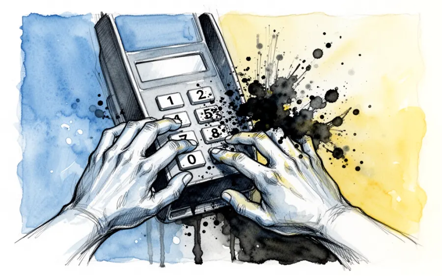 Ręce wpisujące kod pin na terminalu sennik