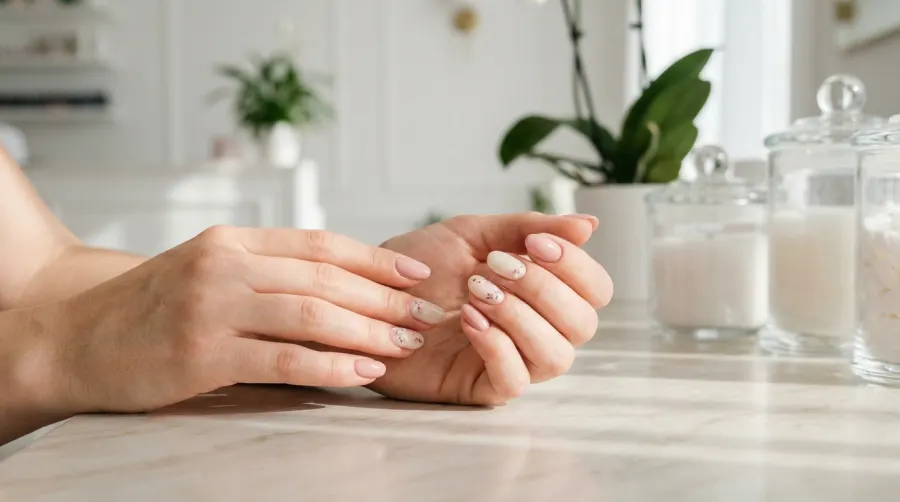 Zdrowe paznokcie z delikatnym manicure hybrydowym w estetycznym salonie